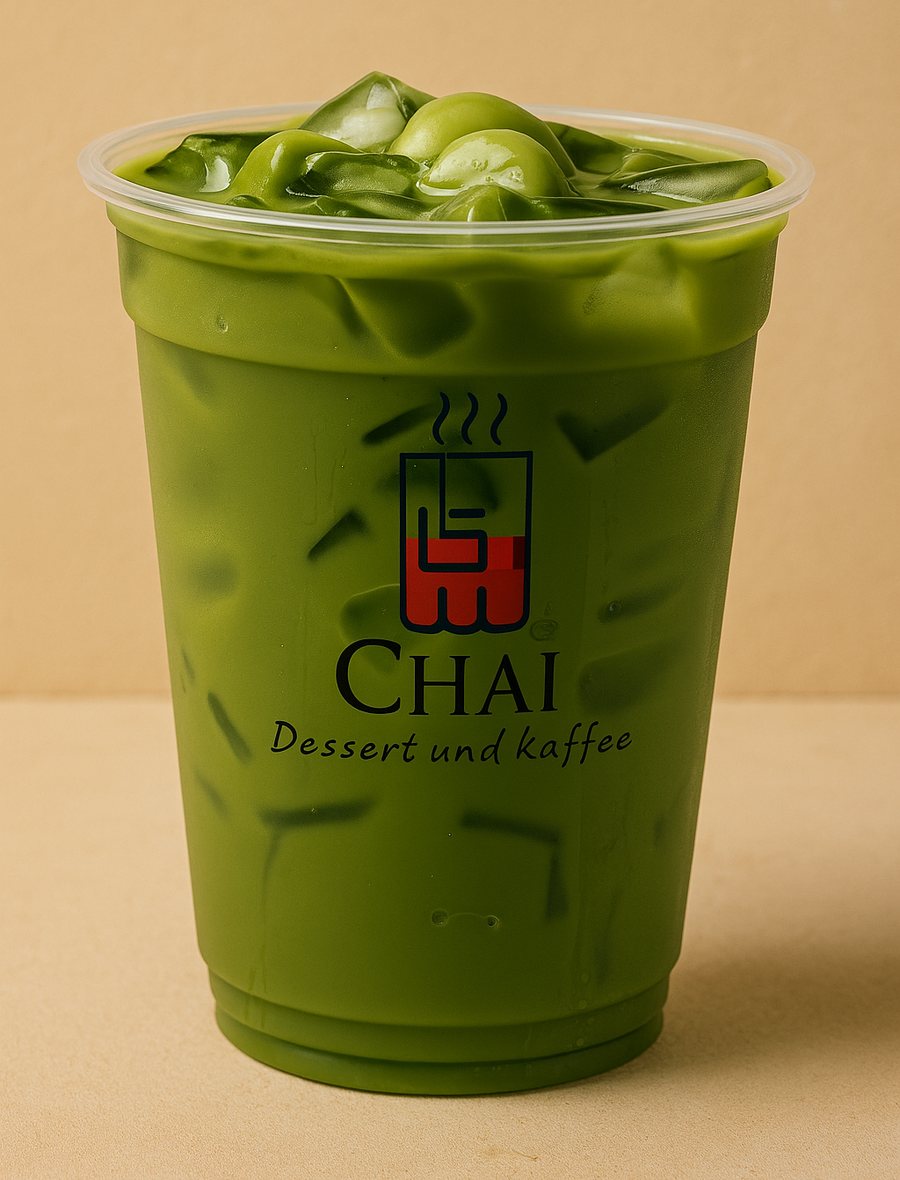Eis Matcha Latte im CHAI Becher vor cremefarbenem Hintergrund